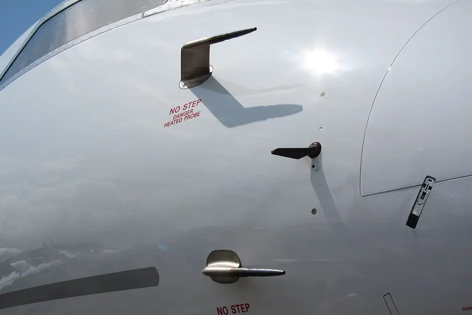 Two pitot probes and an angle-of-attack probe on the fuselage of a Bombardier Global 6000
