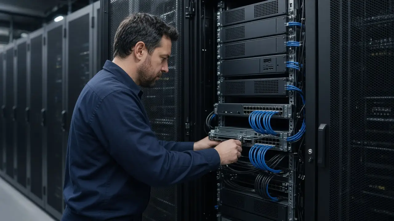 Engineer working on network equipment in a row of equipment cabinets