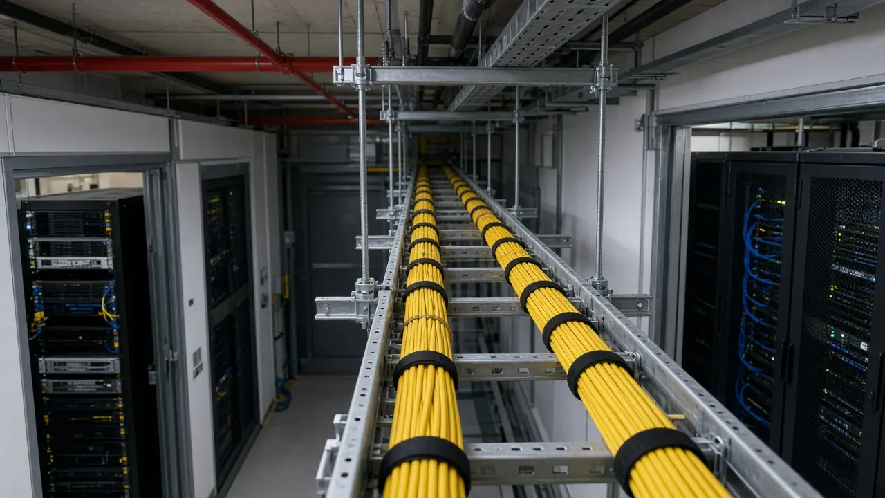 Fiber backbone cables routed through a rack