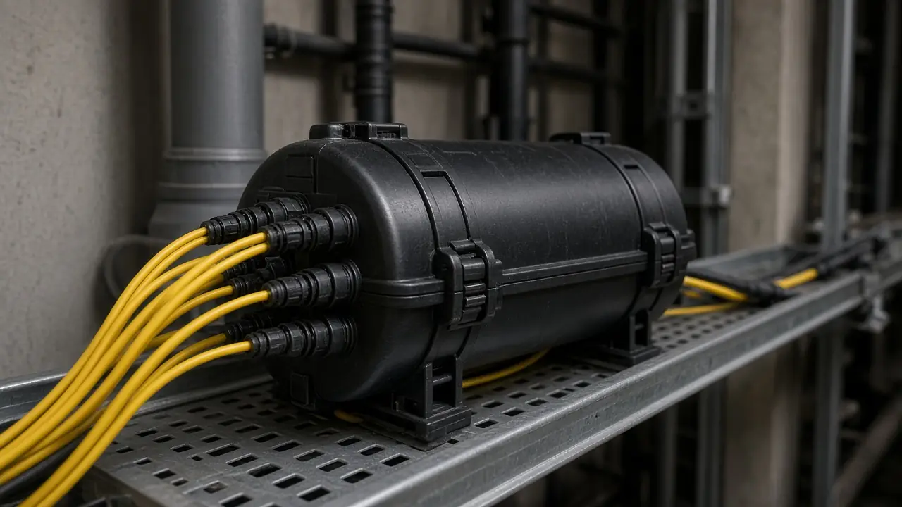 Outdoor fiber splice closure on a cable tray