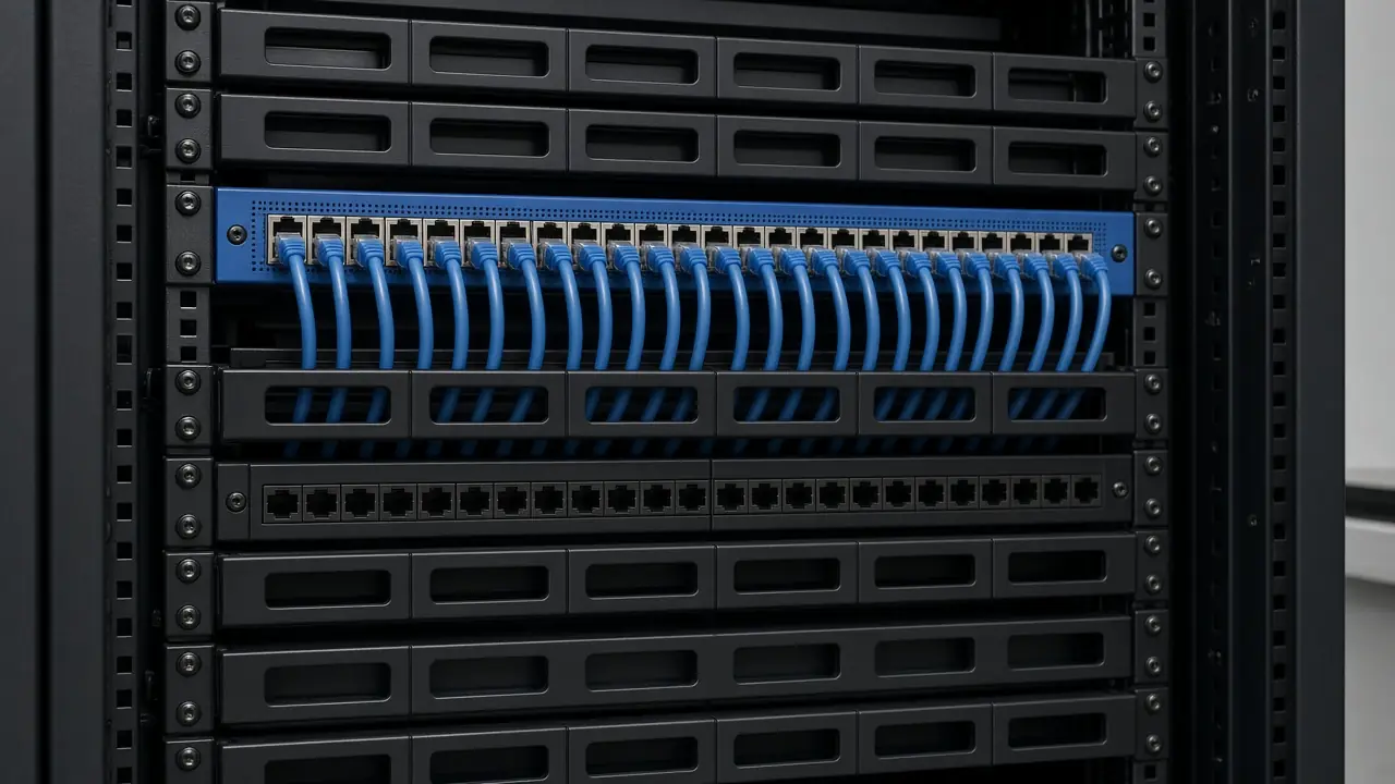 Blue structured copper cables terminated on a rack patch panel