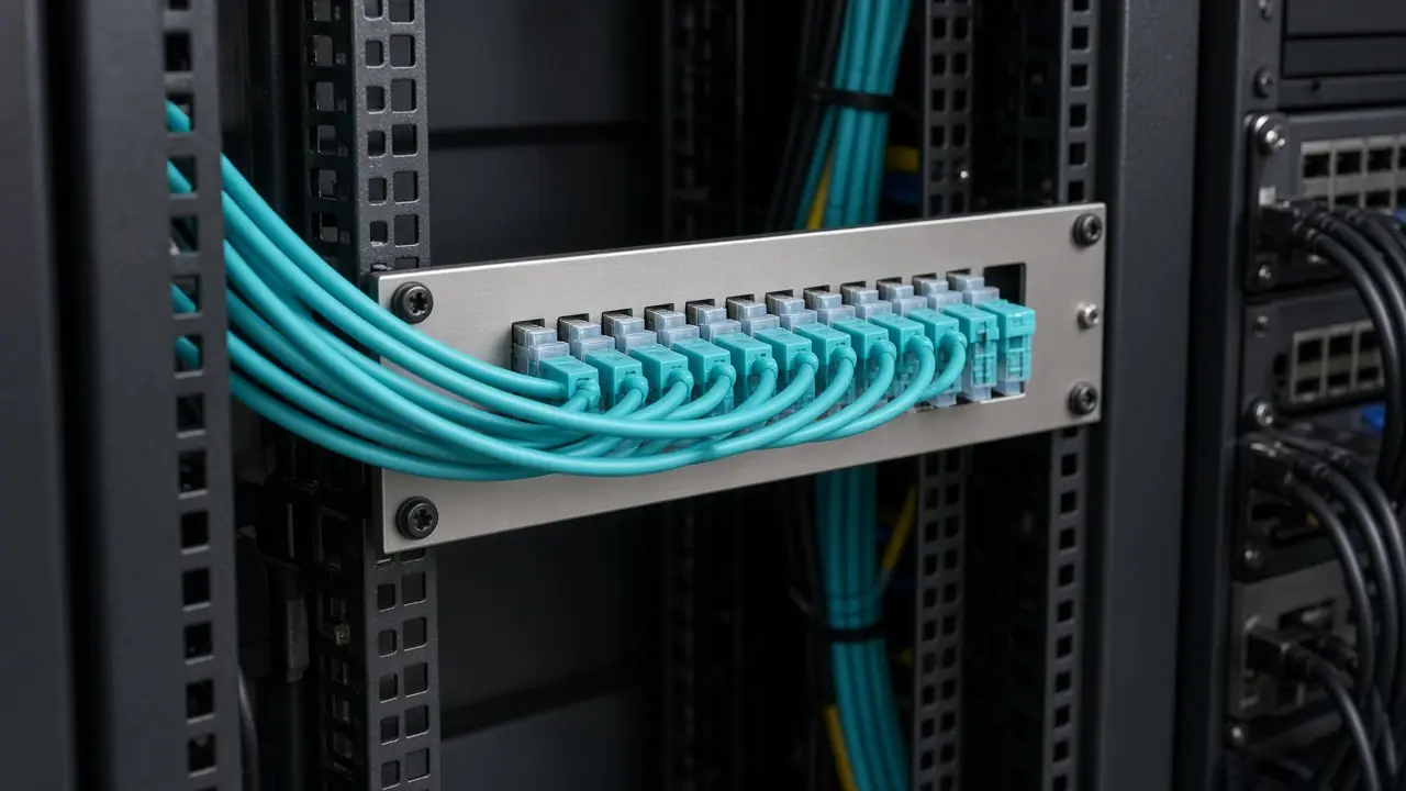 Aqua multimode fiber cords seated in an adapter panel