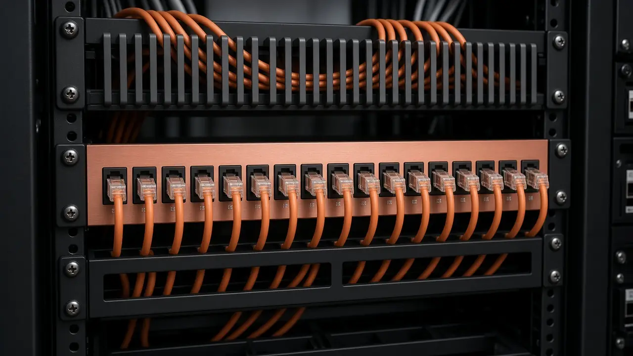 Copper and fiber patch panels with short cords in a rack