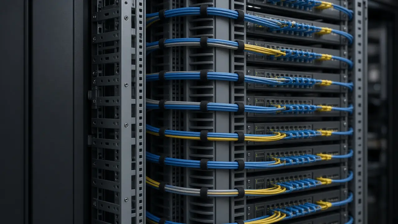 Dressed fiber and copper cords entering switches in a rack