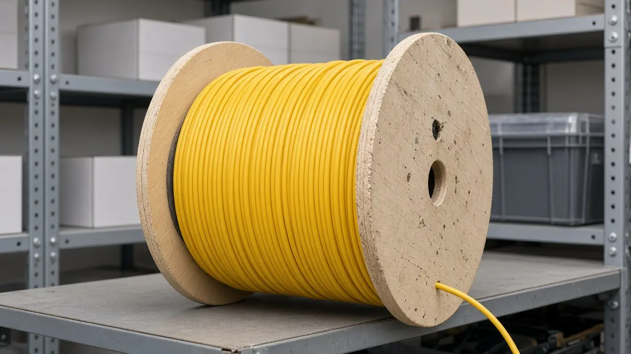 Yellow single-mode fiber cable on a reel in an infrastructure storeroom