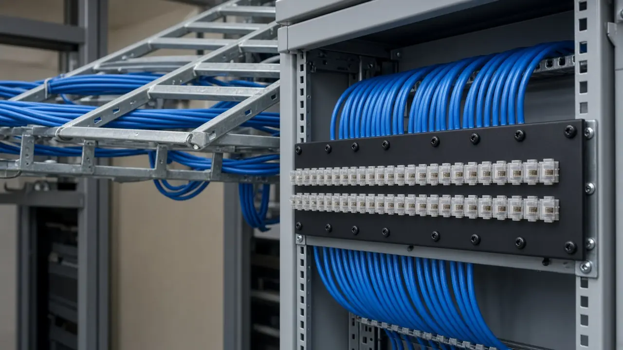 Structured copper horizontal cables landing on a patch panel