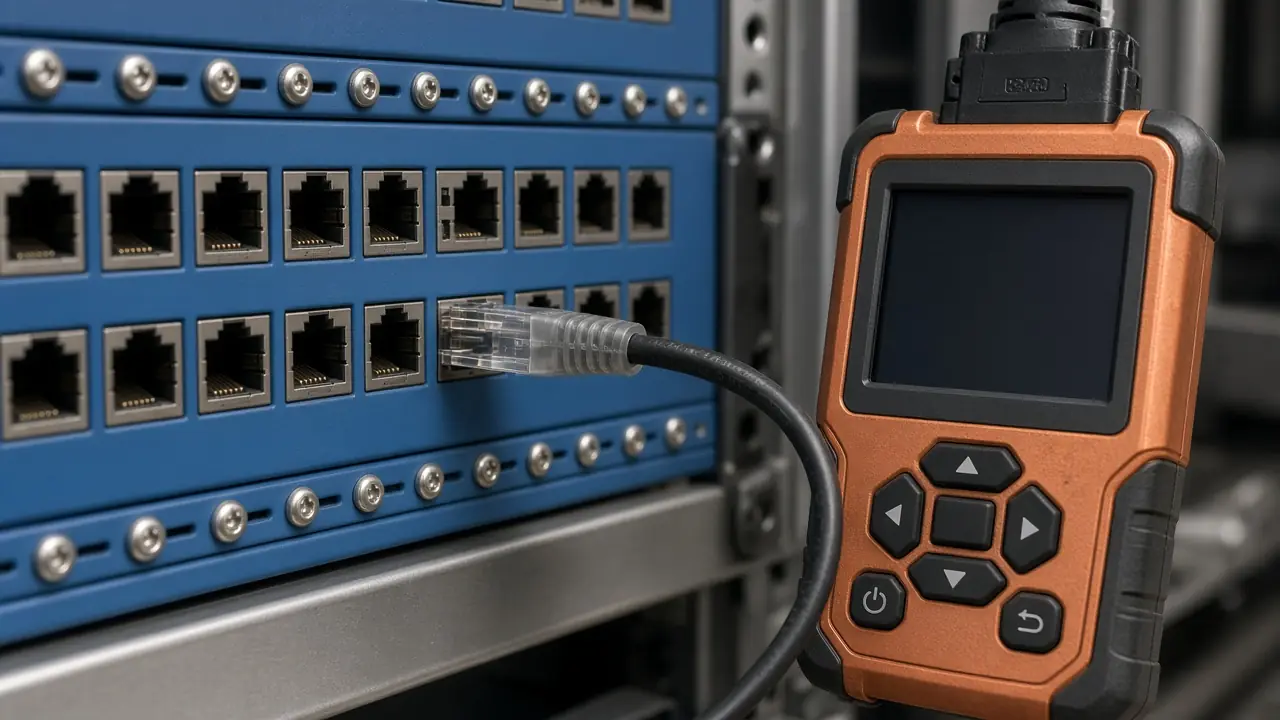 Copper cable tester connected to a patch panel