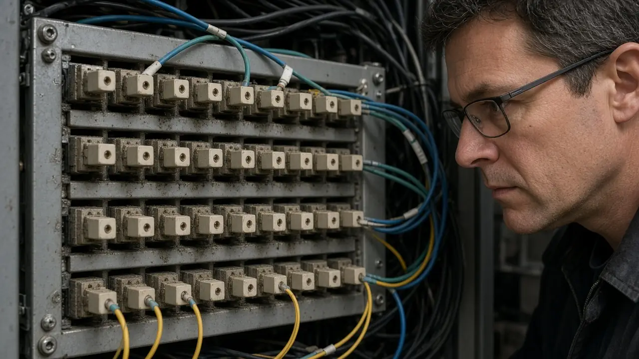 Engineer inspecting a fiber distribution panel