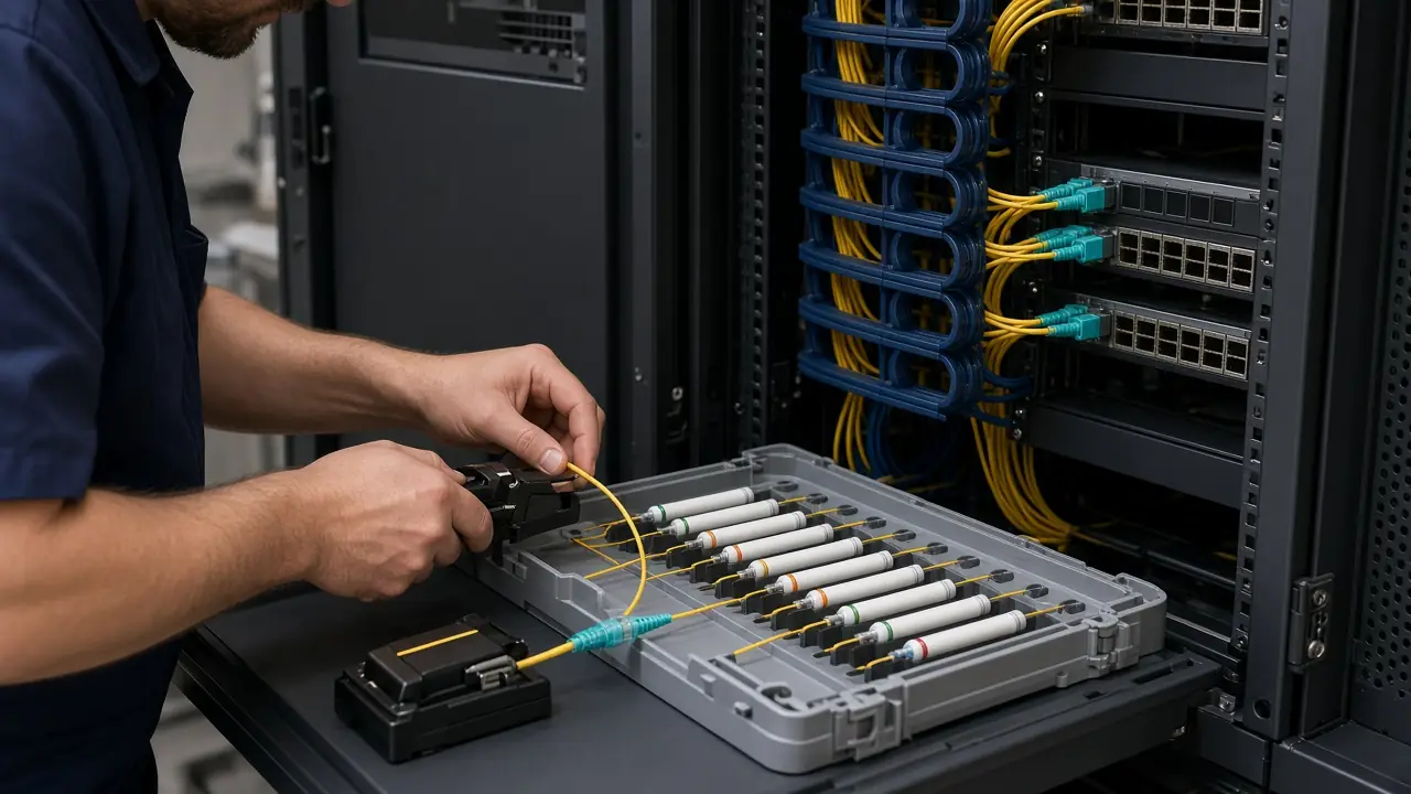 Engineer working at an optical fiber tray beside network equipment