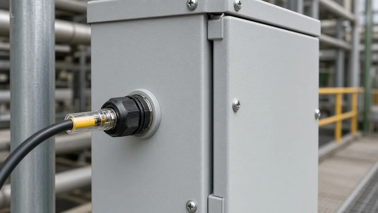 Protected outdoor fiber route entering an industrial cabinet