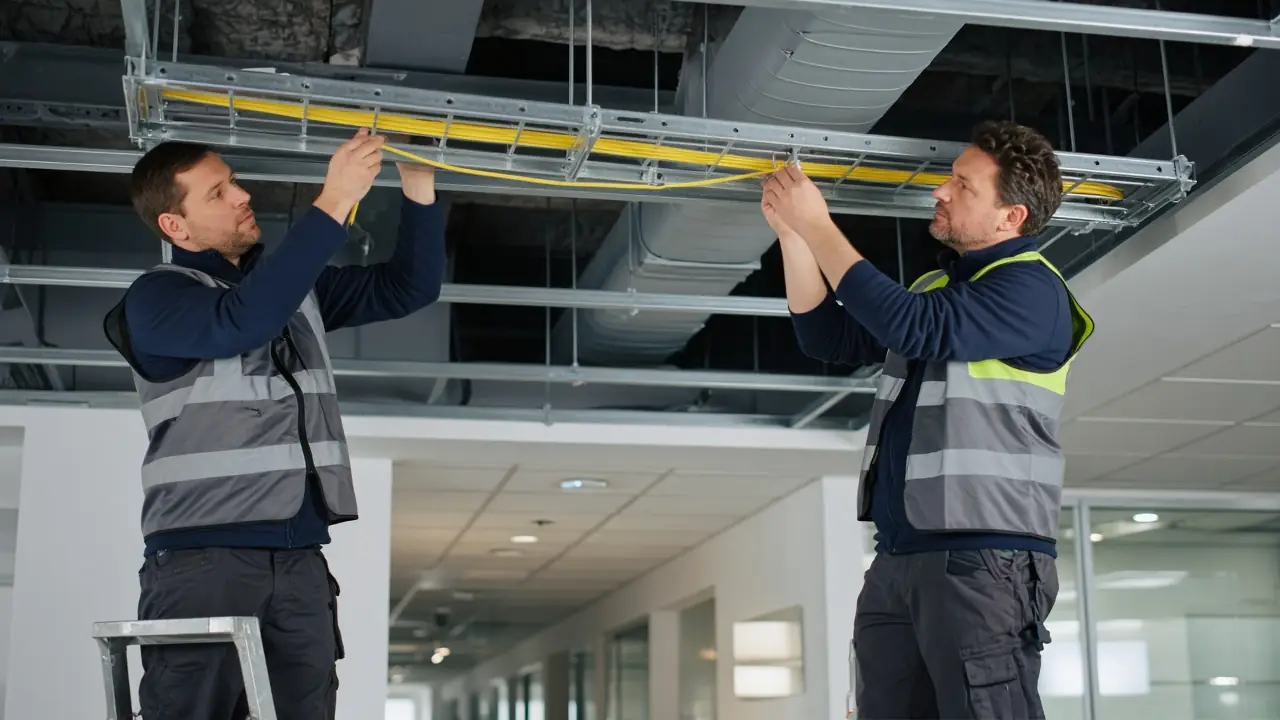 Technicians placing cable in an overhead tray