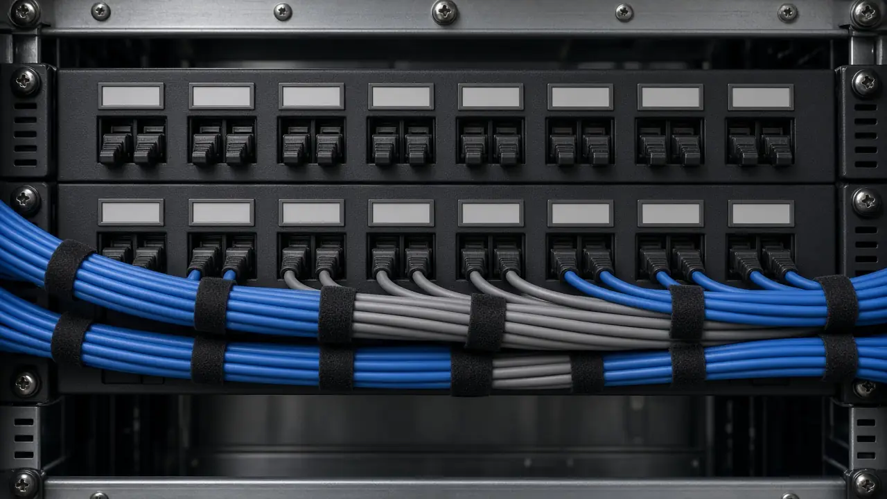 Labeled fiber ports and velcro-dressed cords in a rack