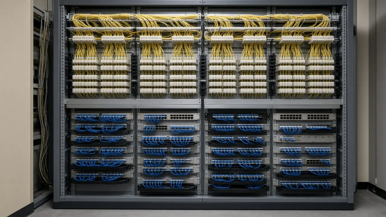 Main distribution rack with an ODF and copper patch panels