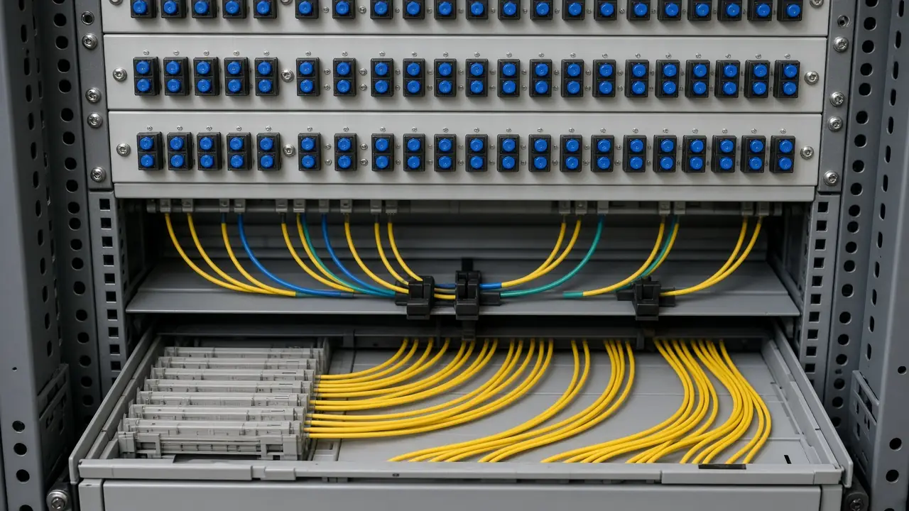 Fiber distribution panel with patch cords in a rack