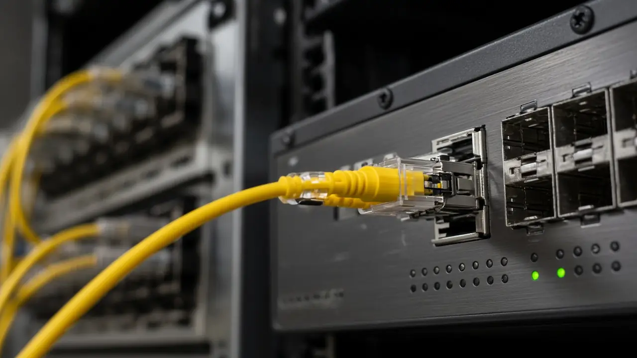Fiber patch cord seated between an ODF port and a switch optical port