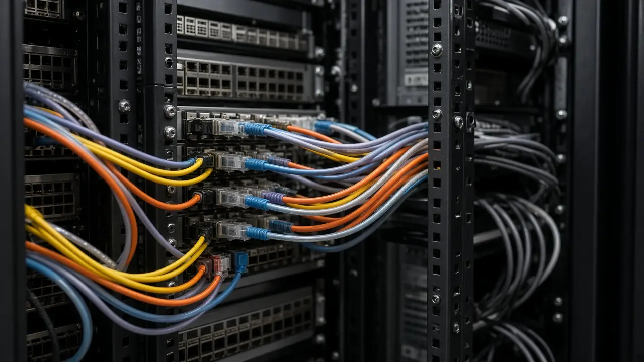 Data center aisle with fiber trunks between racks