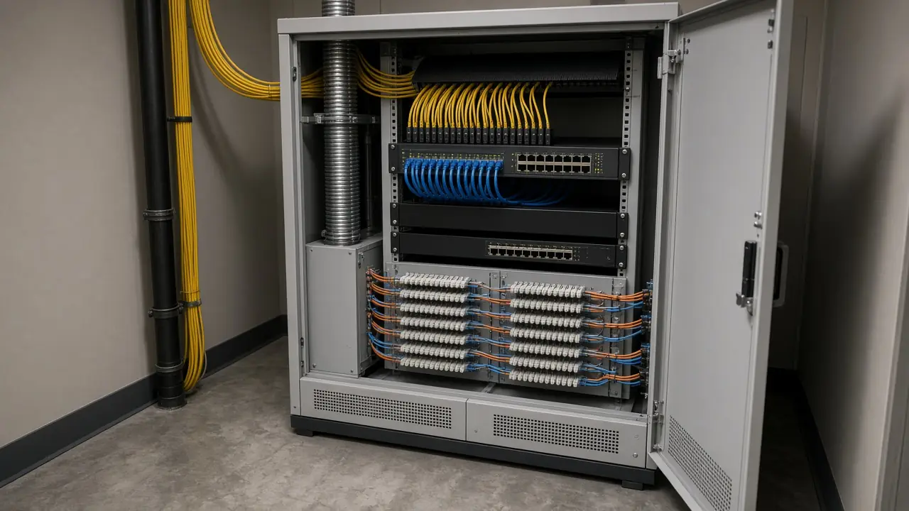 Floor telecom closet in a multi-story building with fiber and copper