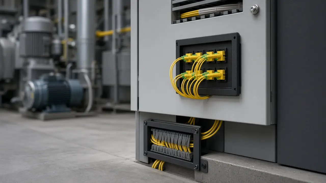 Protected fiber route entering an industrial distribution cabinet
