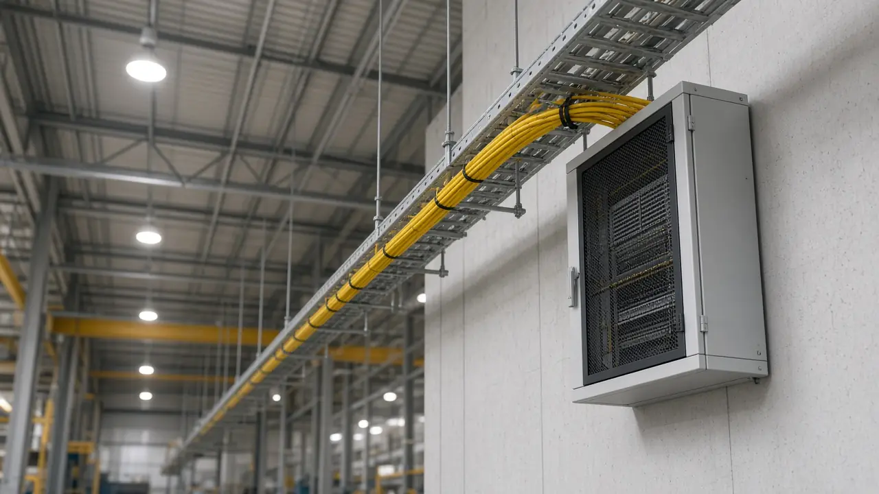 Warehouse cable tray carrying fiber toward a distribution cabinet