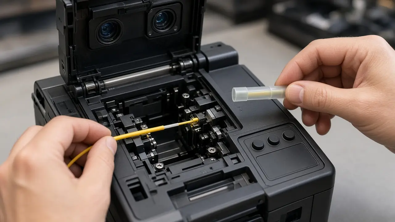 Fusion splicer with a prepared fiber and a splice sleeve