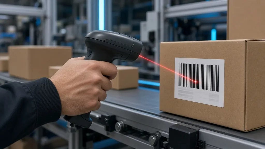 Industrial barcode scanner reading a shipping label on a conveyor