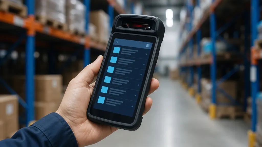 Handheld enterprise mobile computer with an integrated scan engine in a warehouse aisle
