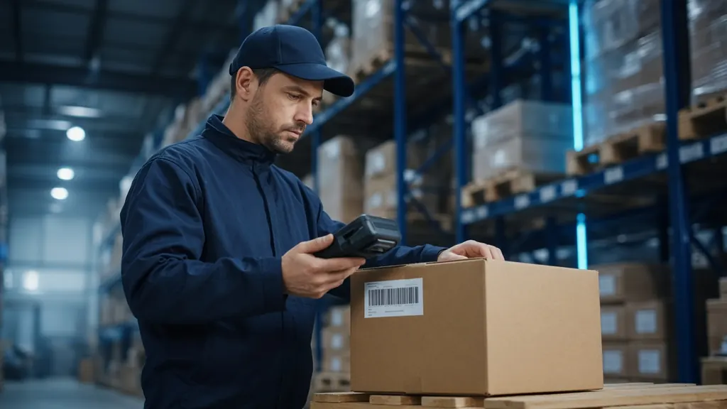 Warehouse operator scanning a carton barcode with a handheld mobile computer