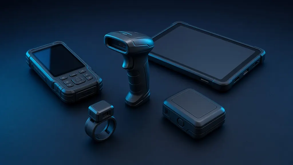 Enterprise mobility devices: handheld computer, barcode scanner, rugged tablet, ring scanner and RFID reader