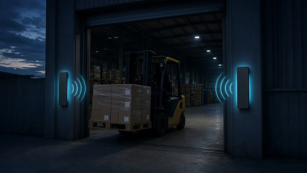 RFID reader antennas at a loading dock door as a forklift carries tagged pallets