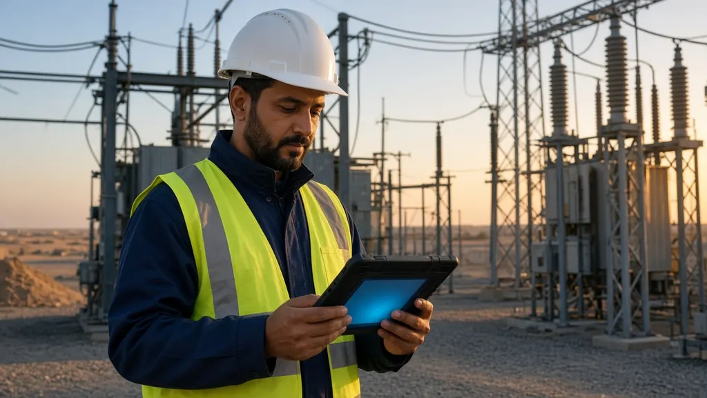 Field engineer using a rugged tablet at an outdoor utility substation