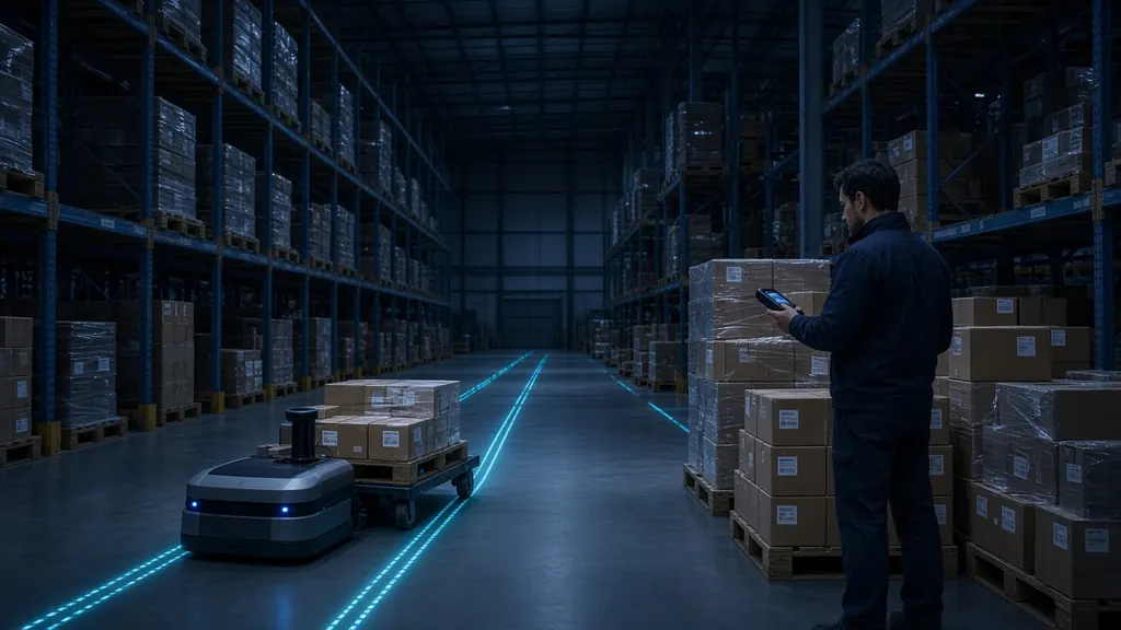 Connected warehouse with pallet racking, an autonomous mobile robot and a worker with a handheld scanner