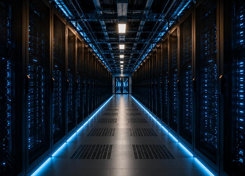 Data-hall aisle between rows of enclosed racks