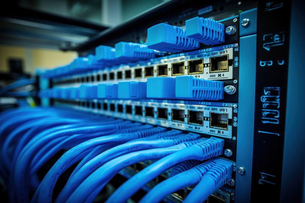 Enterprise switch with blue patch leads seated in the ports