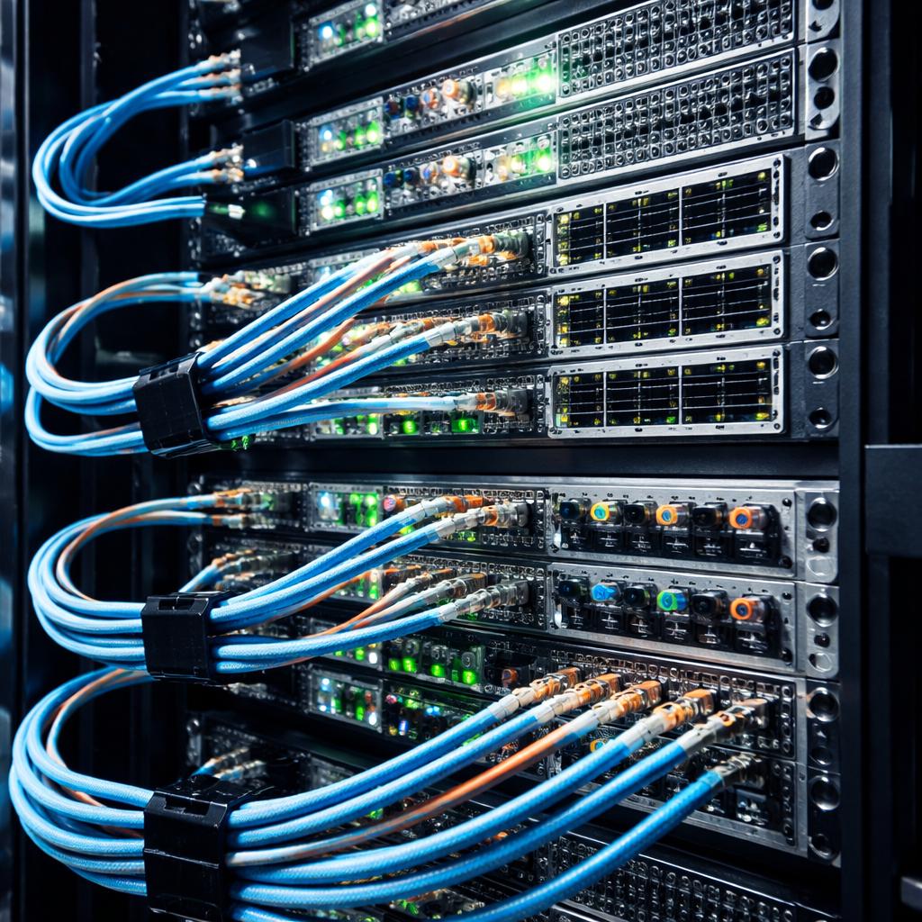 Populated chassis with labeled copper and fiber patch leads