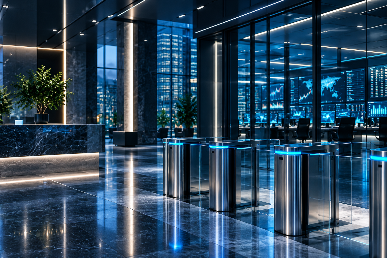 Lobby turnstiles used to illustrate access control, not a customer site