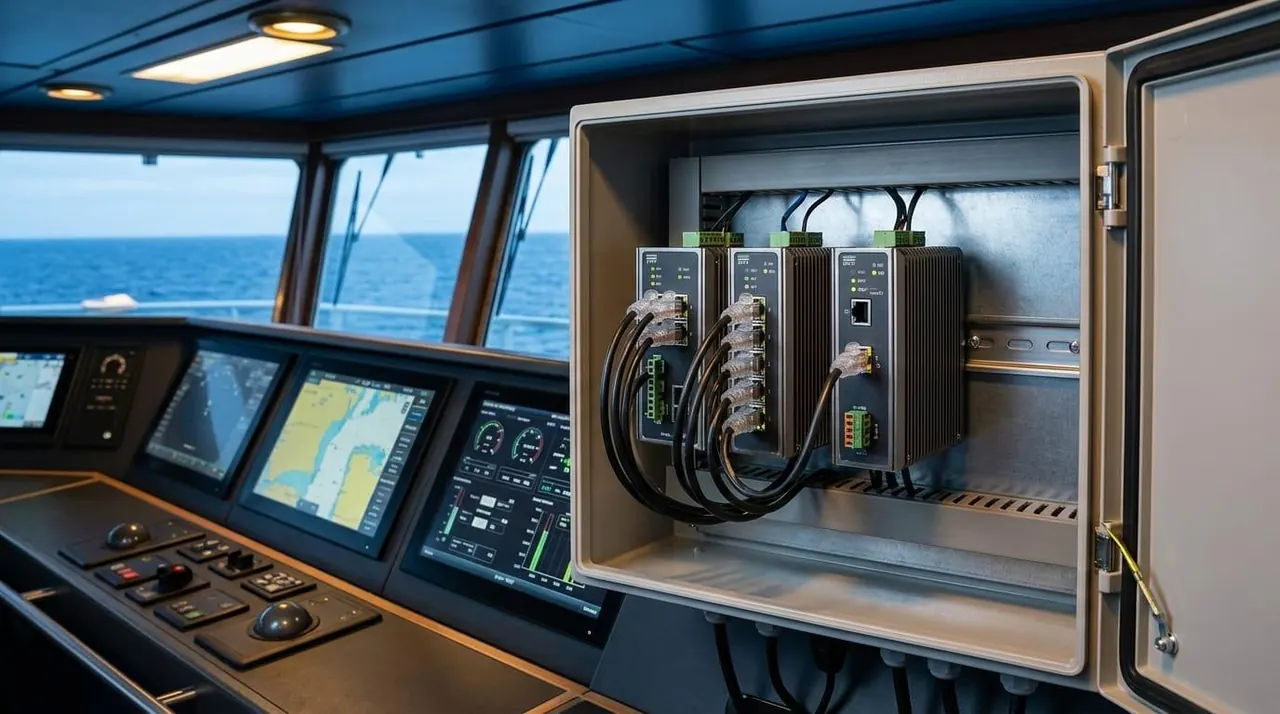 Open marine network cabinet on a vessel with cabling and switches