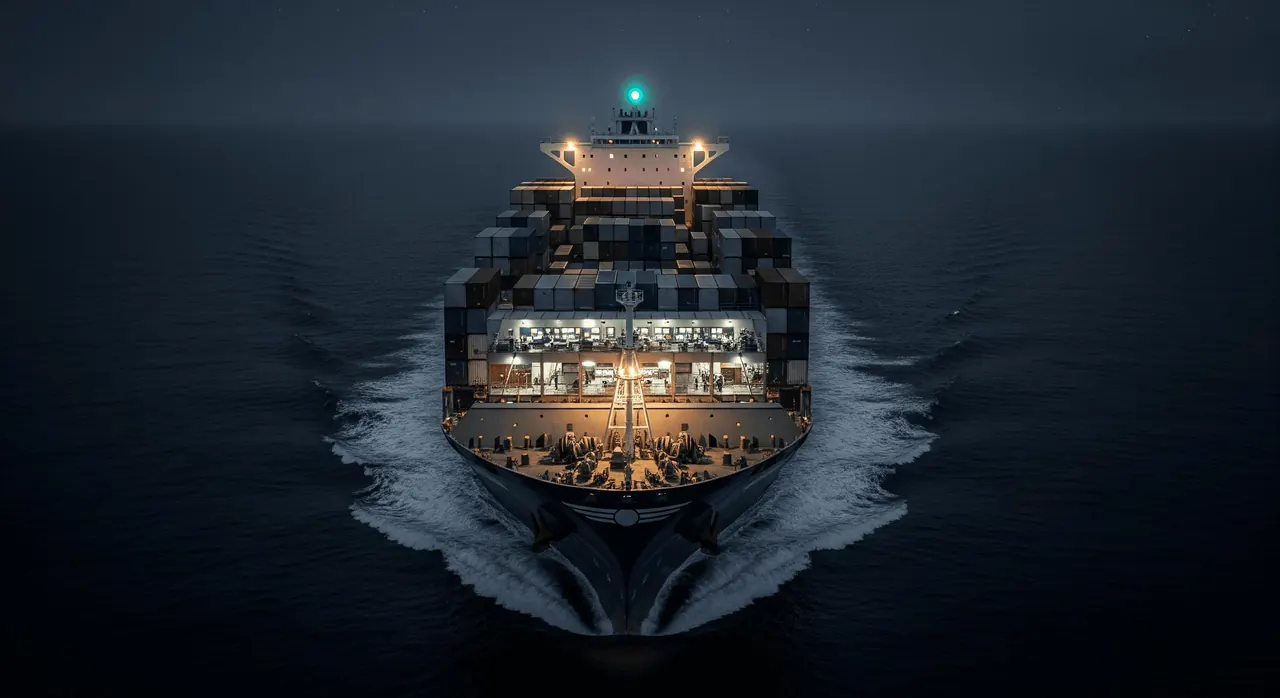 Vessel at sea at night with lit bridge windows