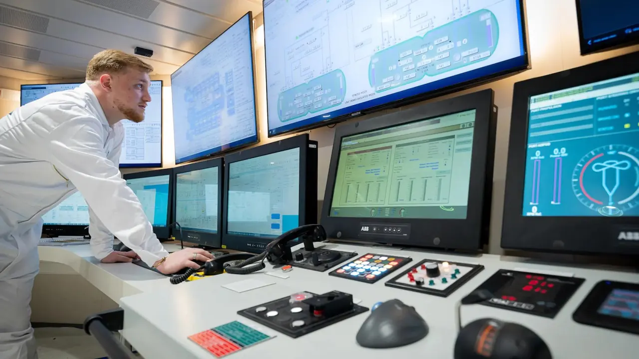 Engineer working at a vessel control room with monitoring screens