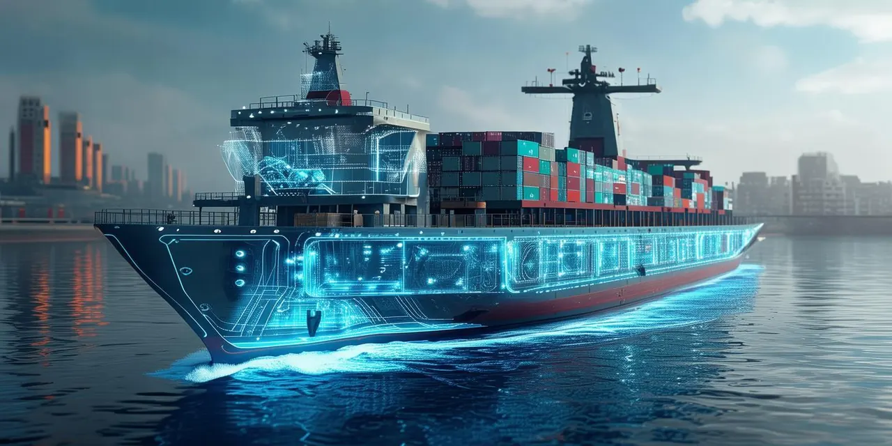 Container ship with a conceptual connectivity overlay