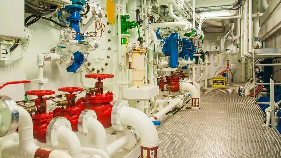 Engine room pipework, valves and pumps