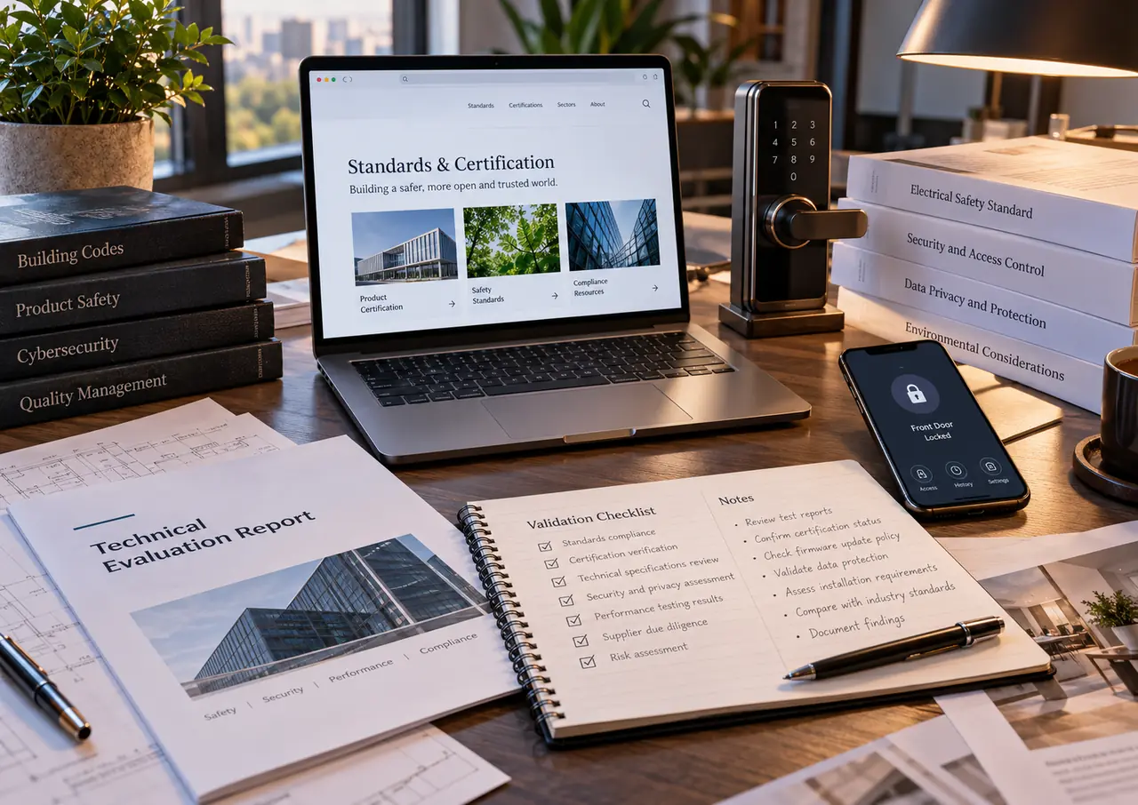 Illustration of a desk with a technical evaluation report, a certification checklist, a laptop and a smart lock