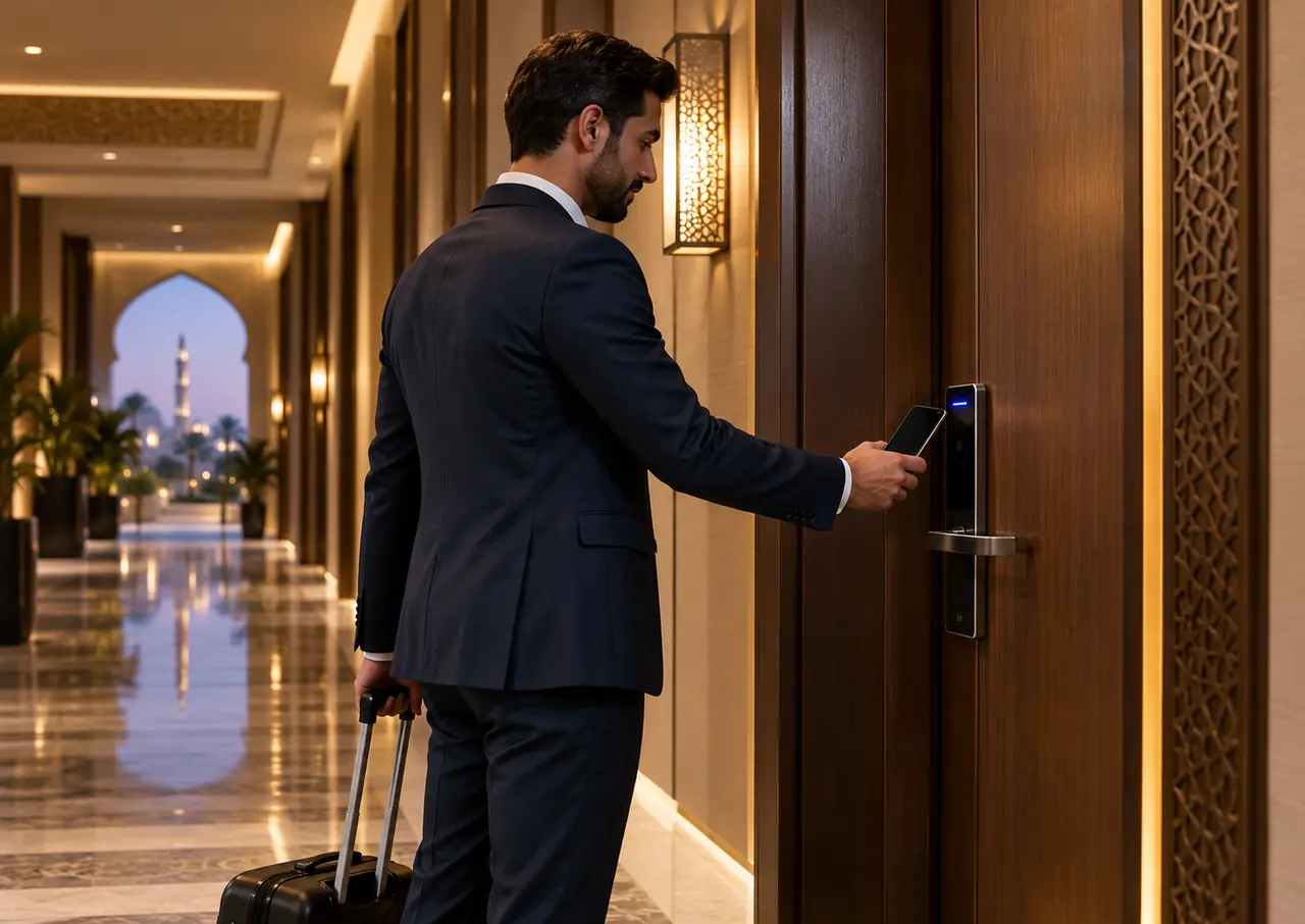 Illustration of a hotel guest holding a smartphone to the lock of a guest-room door