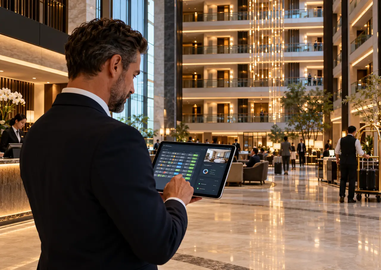 Illustration of a hotel manager using a tablet in a large multi-storey hotel atrium