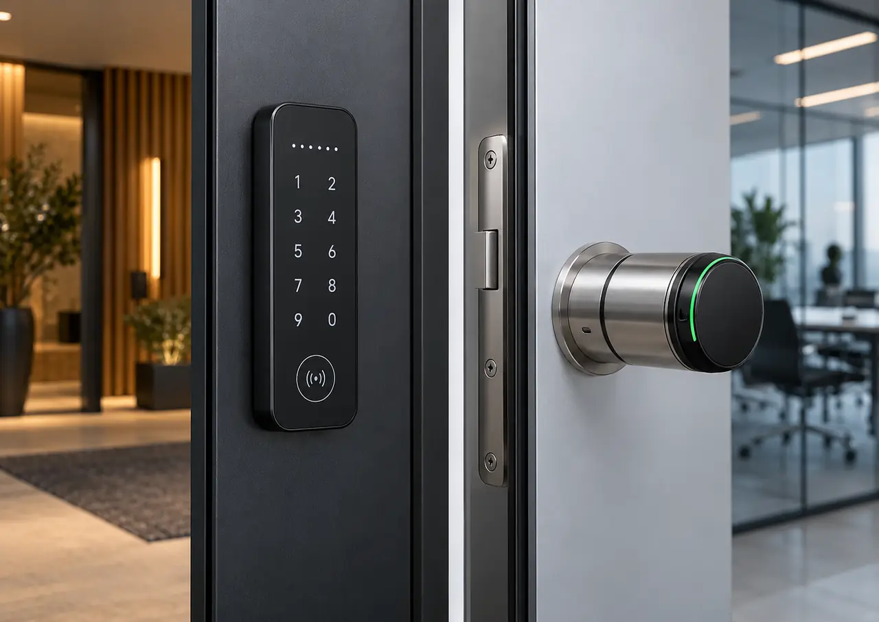 Illustration of a wall keypad with a contactless reader next to an electronic door cylinder