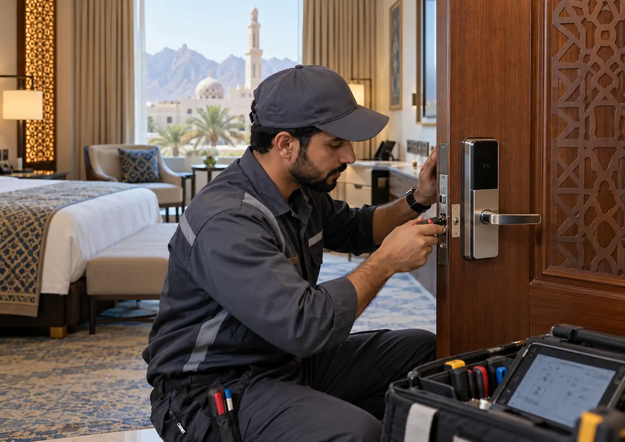 Illustration of a technician servicing an electronic lock on a hotel guest-room door
