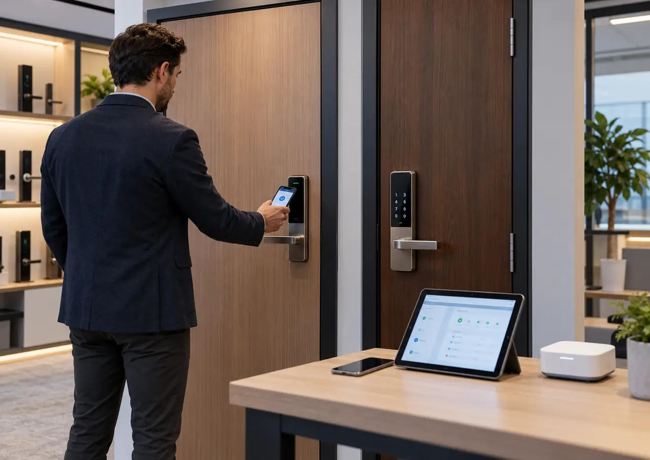 Illustration of a two-door smart-lock test station where a person presents a phone to a reader