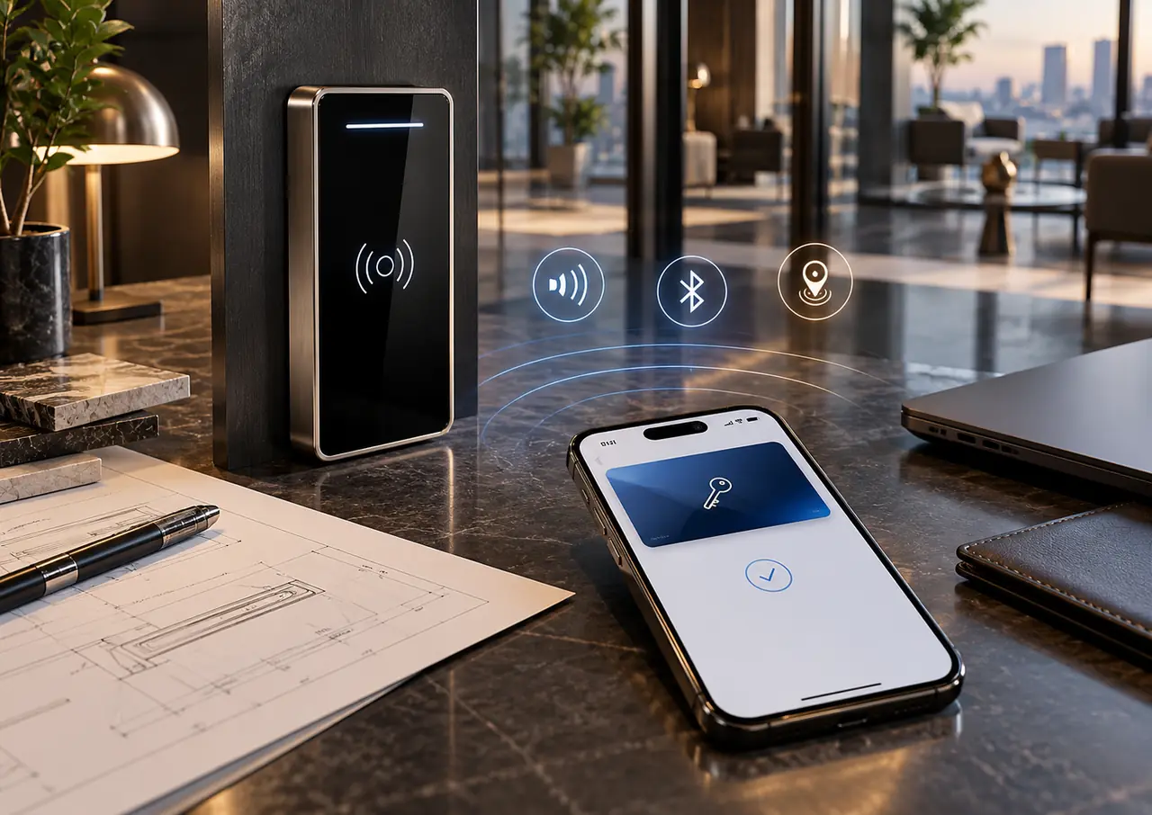 Illustration of a smartphone with a digital key beside a wall reader, with NFC, Bluetooth and UWB symbols
