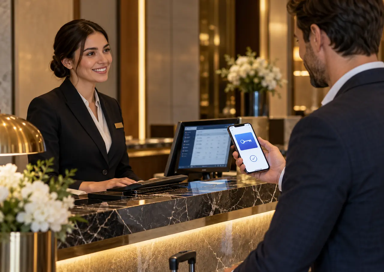 Illustration of a hotel receptionist helping a guest add a digital room key to his phone