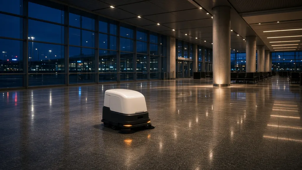 Autonomous floor-scrubbing robot cleaning an airport concourse at night