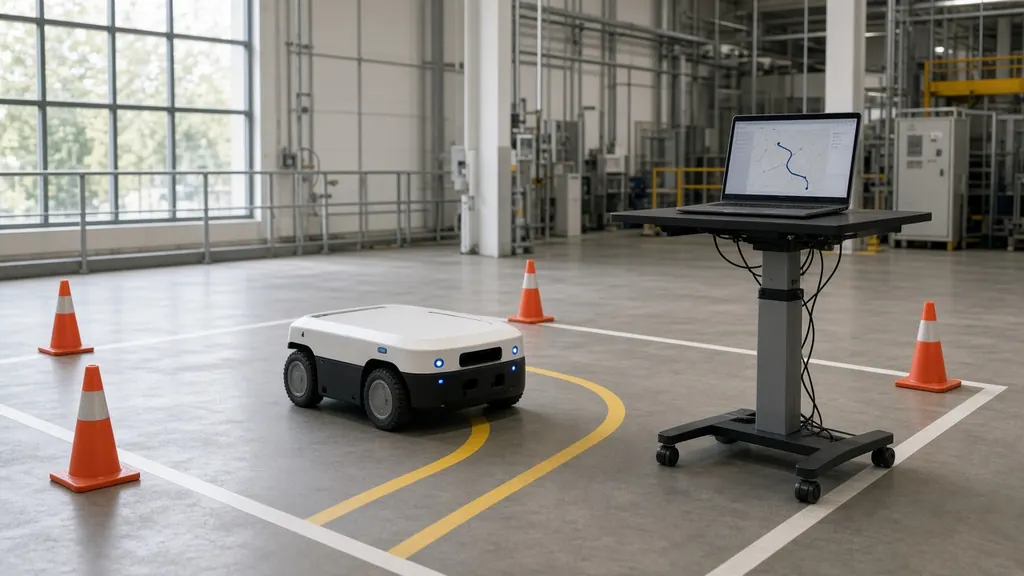 Mobile robot in a marked evaluation zone with a laptop showing a route map